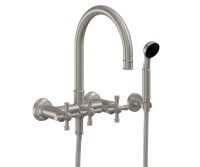 Wallmount Tub Filler, Curved Spout, Decorative Top Cross Handle