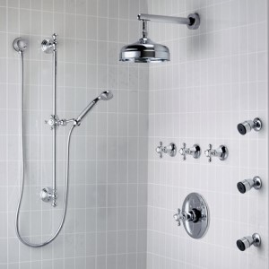 California Faucets Thermostatic Shower with hand held shower, shower head and set of 3 body sprays