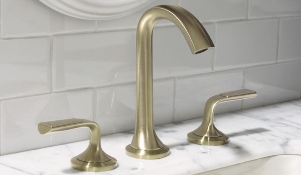 Curving Faucet Design with Lever Handles, Satin Brass Widespread Sink Faucet