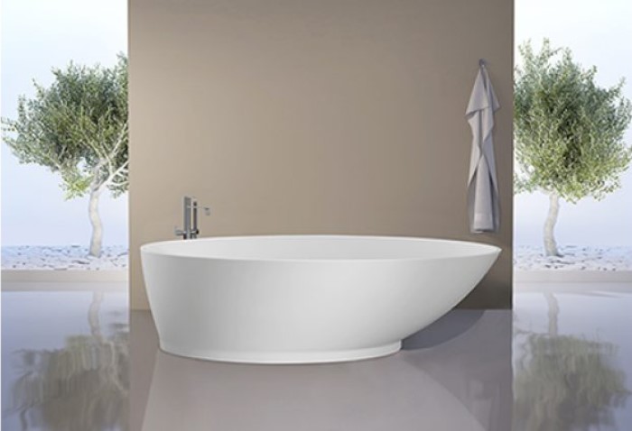 Oval Freestanding Bath, Modern Pedestal Base, One Side Curves Dramatically