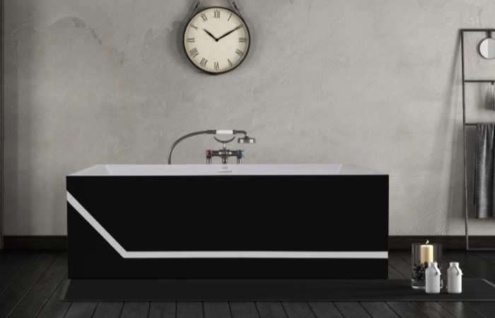 Rectangle Bath With Modern Decorative Band, Shown in White with Black Tub