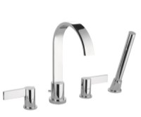 Curving Spout Deck Mount Tub Faucet with Hand Shower, Lever Handles