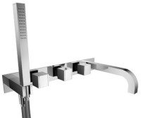Square Style Wall Mount Tub Faucet with Hand Shower & Backplate, Square Handles