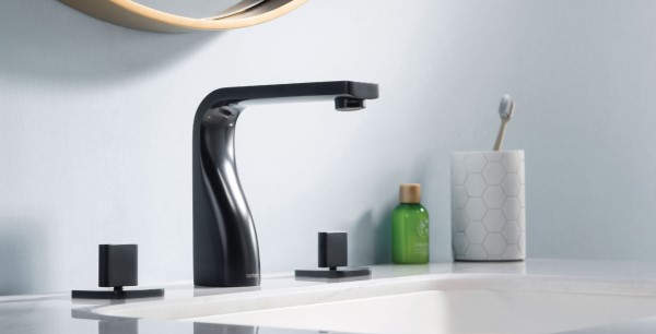 Matte Black Widespread Sink Faucet with Curving Spout Base, Paddle Handles
