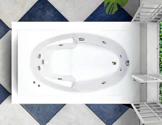Rectangle Bath with oval bathing area, Seat, End Drain, Armrests, 9 Whirlpool Jets