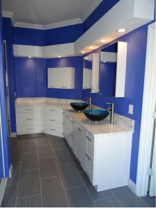 New Vanity with Blue Glass Vessel Sinks