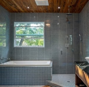 Drop-in tub and corner shower all in one wet area