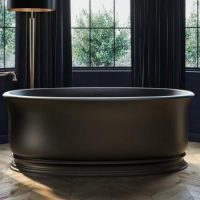 Classic Styled Freestanding Tub, Detailed Base and Rolled Rim, Black