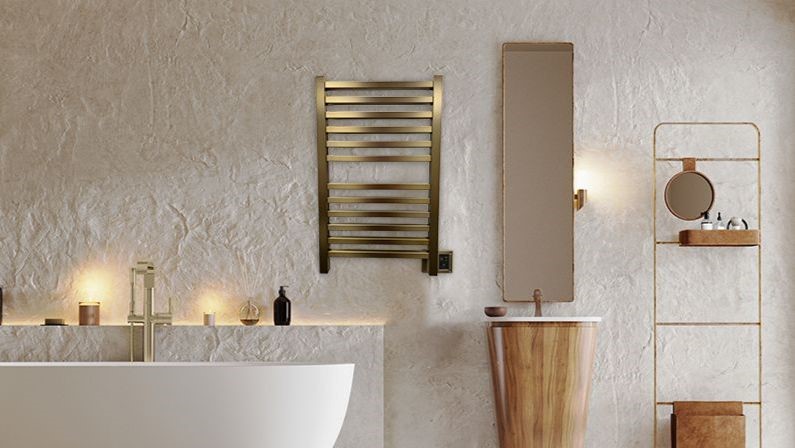 Brushed Bronze Towel Warmer shown in Bathroom Setting