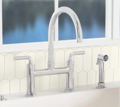 Descanso Series Chrome Bridge Kitchen Faucet, Smooth Handles, Side Spray